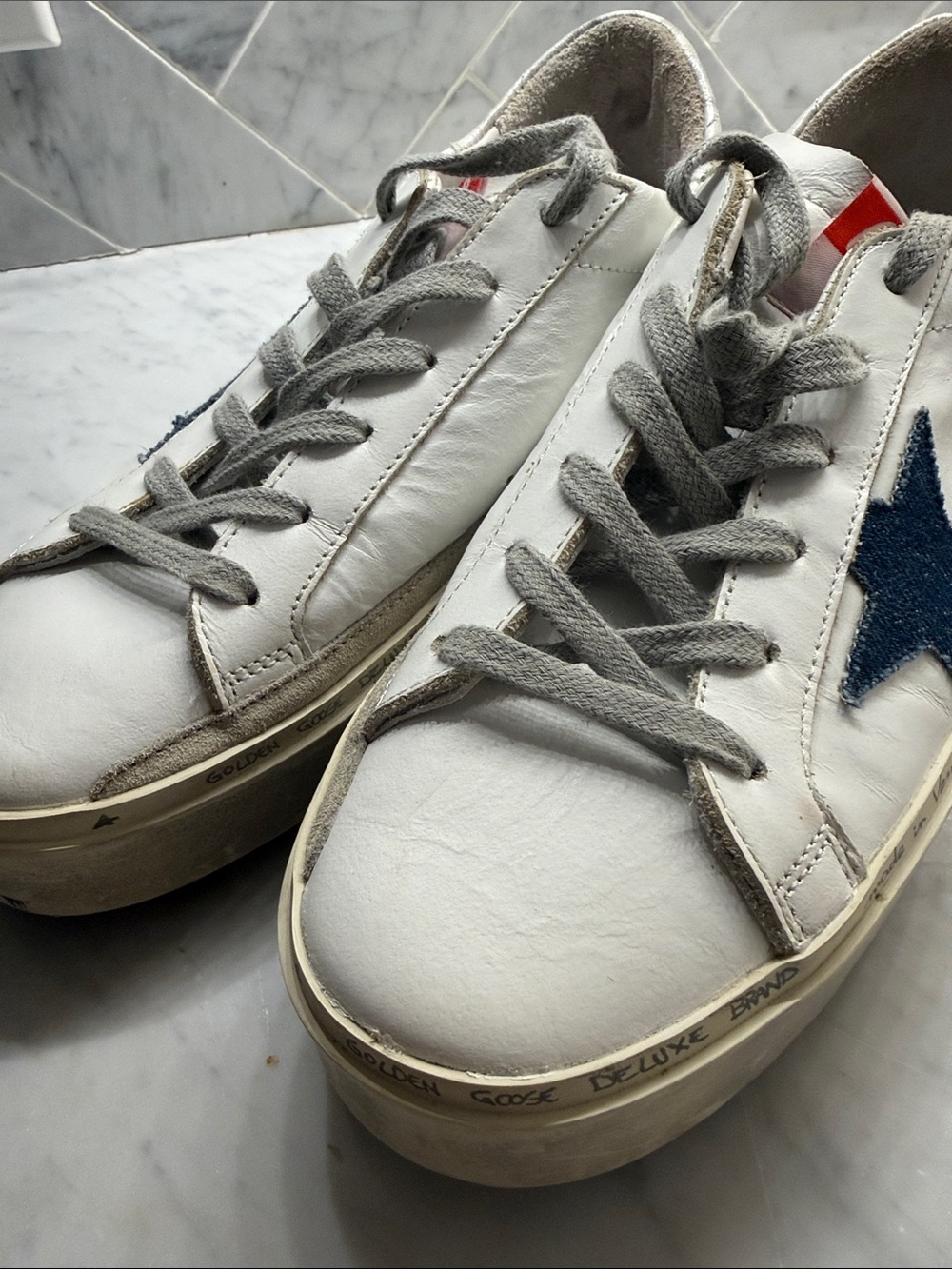Golden Goose White Sneakers with Denim Star and Gray Laces - Picture 5 of 5